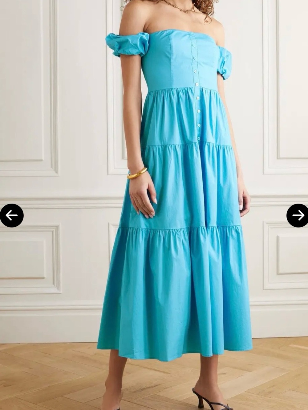 STAUD Turquoise Elio Off-Shoulder Tiered Cotton Midi Dress